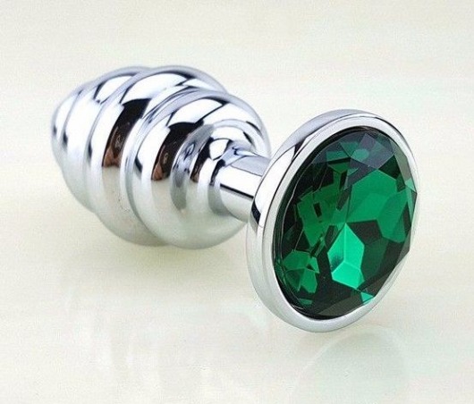 Серебристая фигурная анальная пробка с зеленым стразом - 8 см. - 4sexdreaM - купить с доставкой в Новосибирске