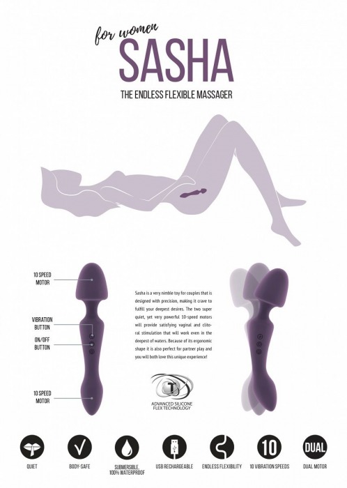 Фиолетовый двусторонний вибратор Sasha - 22,5 см. - Shots Media BV