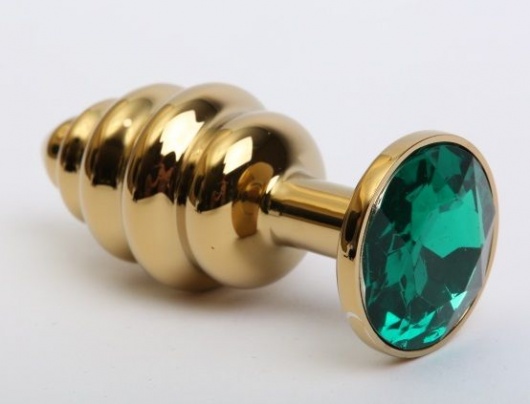 Золотистая рифлёная пробка с зеленым стразом - 8,2 см. - 4sexdreaM - купить с доставкой в Новосибирске