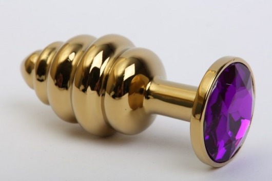 Золотистая рифлёная пробка с фиолетовым стразом - 8,2 см. - 4sexdreaM - купить с доставкой в Новосибирске