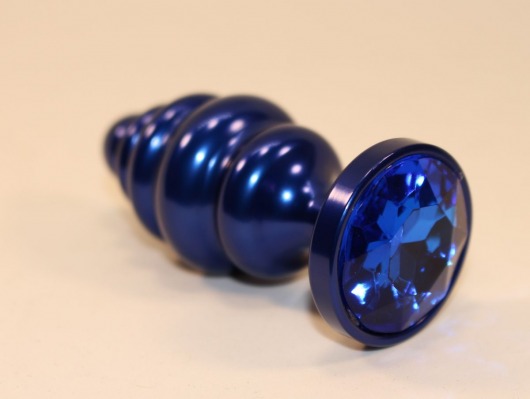 Синяя рифлёная пробка с синим кристаллом - 7,3 см. - 4sexdreaM - купить с доставкой в Новосибирске