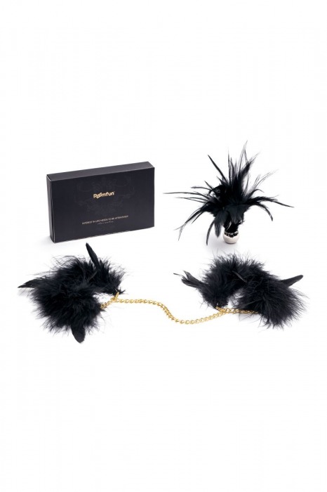 Перьевой эротический набор Romfun - наручники с цепочкой и кисточка-щекоталка - Romfun - купить с доставкой в Новосибирске