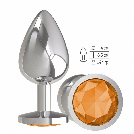 Серебристая большая анальная пробка с оранжевым кристаллом - 9,5 см. - Джага-Джага - купить с доставкой в Новосибирске