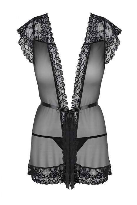 Коротенький пеньюар с кружевами и атласным пояском - Obsessive купить с доставкой
