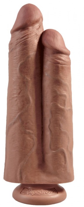 Сдвоенный кофейный фаллоимитатор на присоске 9  Two Cocks One Hole - 25,4 см. - Pipedream