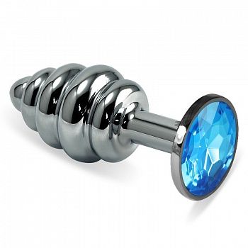 Серебристая фигурная анальная пробка с голубым кристаллом - 8,5 см. - 4sexdreaM - купить с доставкой в Новосибирске