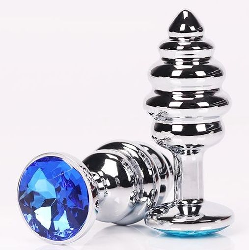 Серебристая фигурная анальная пробка с синим кристаллом - 8 см. - 4sexdreaM - купить с доставкой в Новосибирске