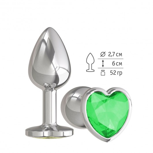 Серебристая анальная втулка с зеленым кристаллом-сердцем - 7 см. - Джага-Джага - купить с доставкой в Новосибирске