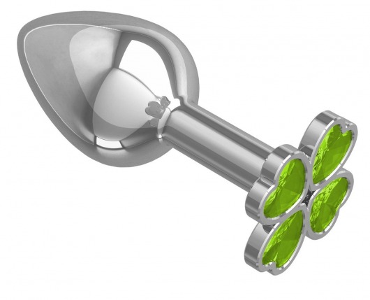 Серебристая анальная втулка с клевером из лаймовых кристаллов - 7 см. - Джага-Джага - купить с доставкой в Новосибирске