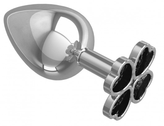 Серебристая анальная пробка-клевер с черным кристаллом - 9,5 см. - Джага-Джага - купить с доставкой в Новосибирске