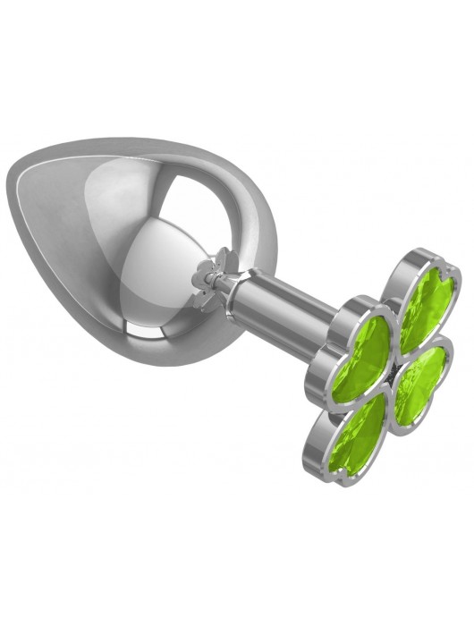 Серебристая анальная пробка-клевер с салатовым кристаллом - 9,5 см. - Джага-Джага - купить с доставкой в Новосибирске