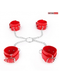 Комплект красных наручников и оков на металлических креплениях с кольцом - Notabu - купить с доставкой в Новосибирске