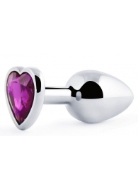Серебристая анальная пробка с фиолетовым кристаллом-сердечком - 8 см. - Anal Jewelry Plug - купить с доставкой в Новосибирске