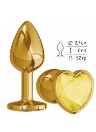 Золотистая анальная втулка с желтым кристаллом-сердечком - 7 см. - Джага-Джага - купить с доставкой в Новосибирске